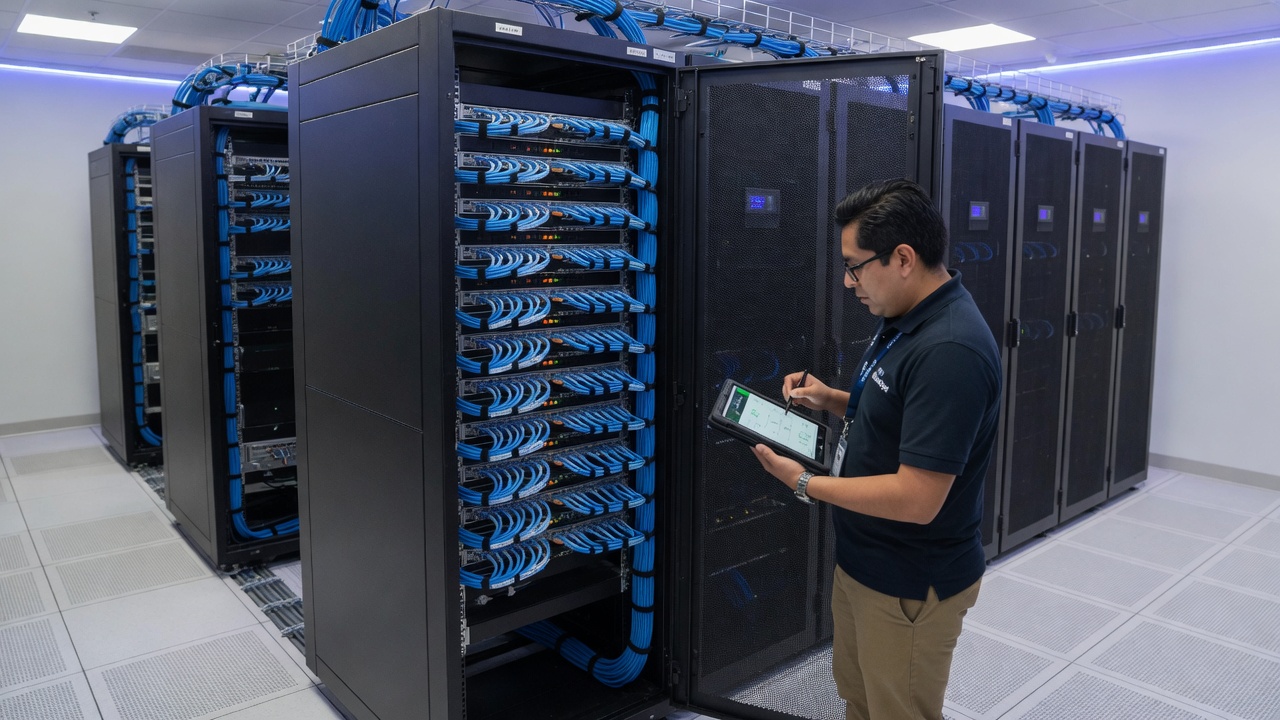 Ingeniero revisando gabinete de red con cableado organizado en cuarto de comunicaciones