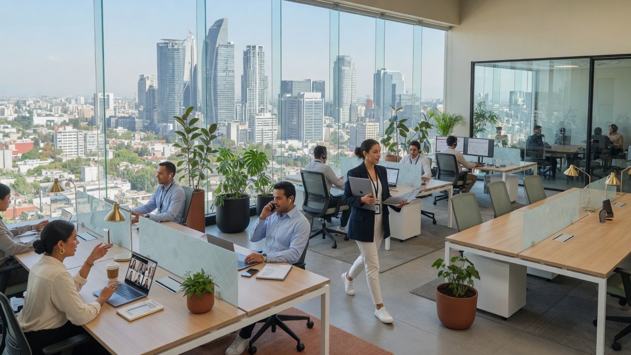 Oficina moderna con equipos usando voz, datos y colaboración